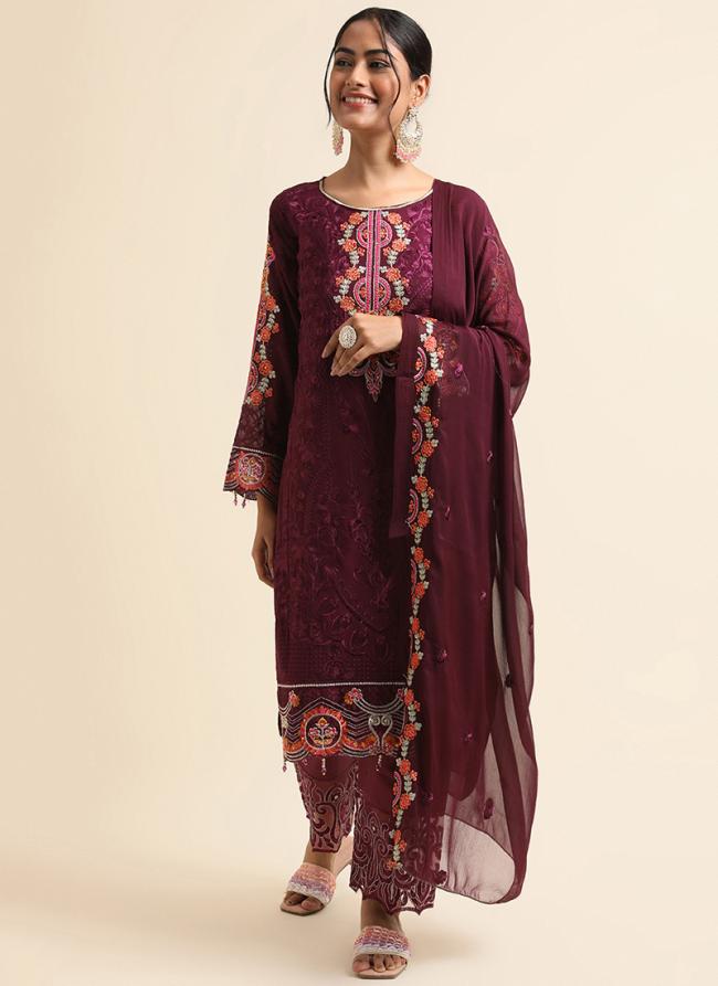 Faux Georgette Maroon Traditional Wear Zari Work Straight Suit